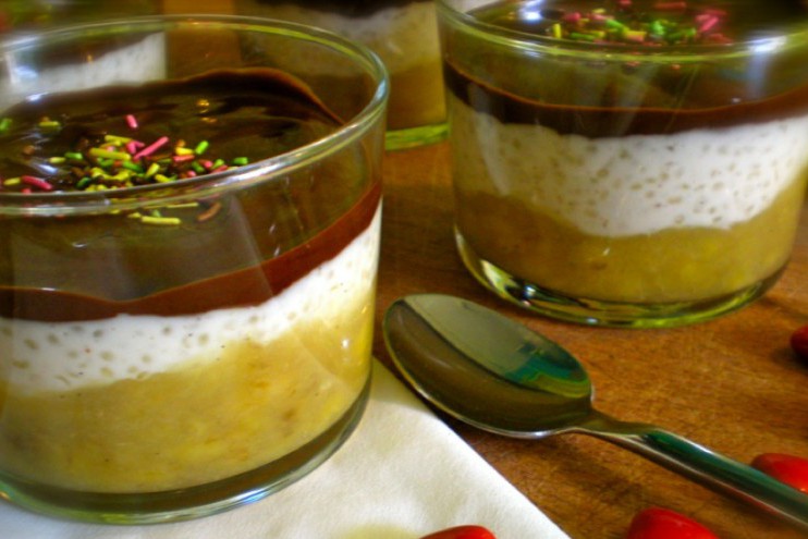 Recette dessert : confit de Bananes, Crème de Coco au Tapioca en Coque au Chocolat